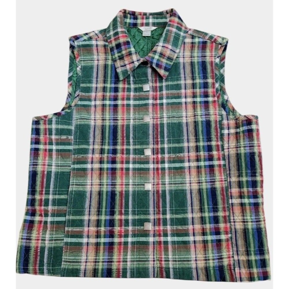 Christopher & Banks Quilted Vintage Green Blue Plaid Vest Women SZ Large